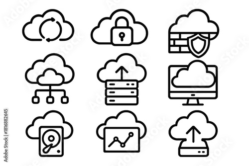 Cybersecurity Cloud Icons. Cloud Integration linear icon set: overlapping clouds, secure connection, data flow, padlock, firewall wall, shield emblem, network lines, secure server