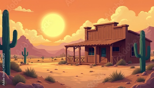 Desert landscape with wooden building and saguaro cacti under a bright sunset sky. Mountains and dry brush in background. Retro wild west town scene.