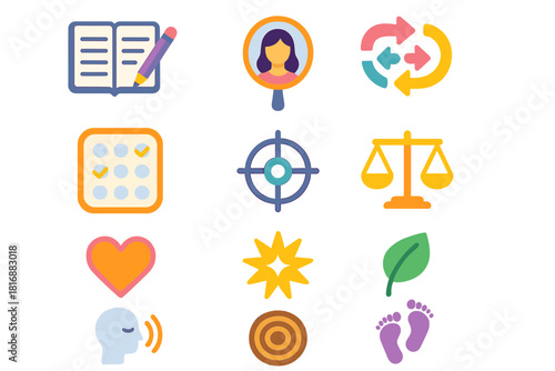 Self-Improvement Symbol Set. Self-Improvement flat icon set: journaling notebook, reflection mirror, mindset shift arrow, habit tracker, focus symbol, balanced scale, gratitude