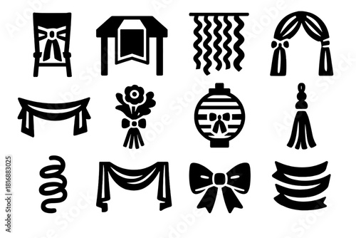 Brutalist Event Décor Icons. Event Décor Ribbons silhouette icon set: chair sash, table runner ribbon, hanging streamer, arch drape ribbon, banner tie, bouquet wrap, lantern tie-on