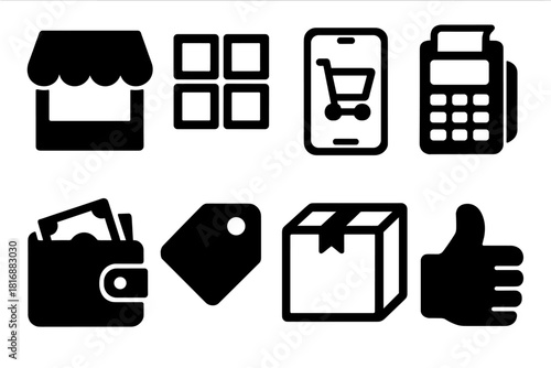 Brutalist Digital Icons. Digital Marketplace silhouette icon set. storefront icon, product grid, mobile app, payment terminal, wallet, price label, parcel, thumbs-up