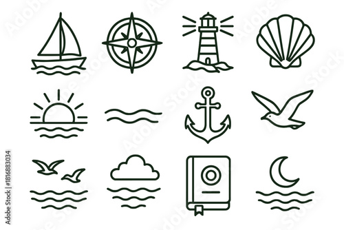 Oceanic Adventure Icons. Ocean Serenity linear icon set : sail, compass, lighthouse, seashell, horizon, soft wave, anchor, seagull, calm tide, pastel sky, travel log, gentle ripple