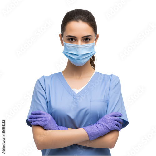 Confident young female healthcare worker wearing blue scrubs, surgical mask, and gloves with arms crossed.