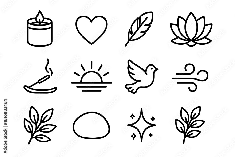 Fototapeta premium Serene Icons Collection. Gentle Reverence linear icon set : candle jar, heart, feather, lotus bloom, incense trail, sunrise glow, dove, soft breeze, radiant aura, leaf sprig