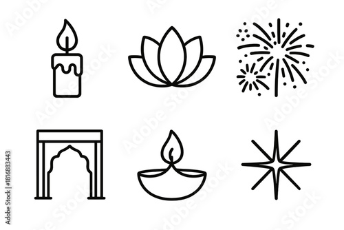 Festival Icons Collection. Festival of Lights linear icon set: candle, lotus, fireworks, temple arch, oil lamp, starburst