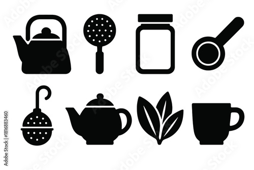 Tea Icon Set. Tea Preparation silhouette icon set. kettle, strainer, glass jar, measuring spoon, infuser, teapot, herbs, cup