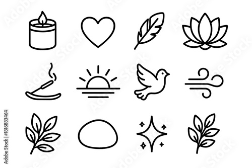 Serene Icons Collection. Gentle Reverence linear icon set : candle jar, heart, feather, lotus bloom, incense trail, sunrise glow, dove, soft breeze, radiant aura, leaf sprig