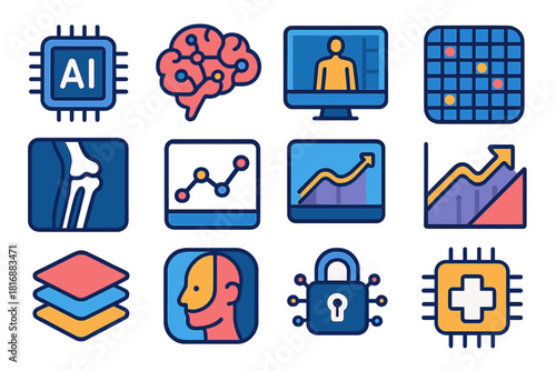 Modern AI Imaging Icons. AI Medical Imaging flat icon set: AI processor, neural network, 3D scan, pattern grid, bone analysis, data visualization, diagnostic chart, prediction icon