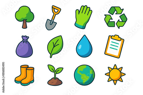 Eco Volunteer Icons. Environmental volunteering flat icon set: tree, shovel, glove, recycling symbol, trash bag, leaf, water droplet, clipboard, boots, plant sprout, earth, sun