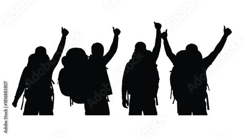 Triumphant hikers silhouette isolated on white background, Vector