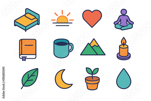 Rest & Renewal Icons. Rest & Renewal flat icons set. bed, sunrise, heart, yoga pose, journal, cup, mountain, candle, leaf, moon, plant pot, droplet