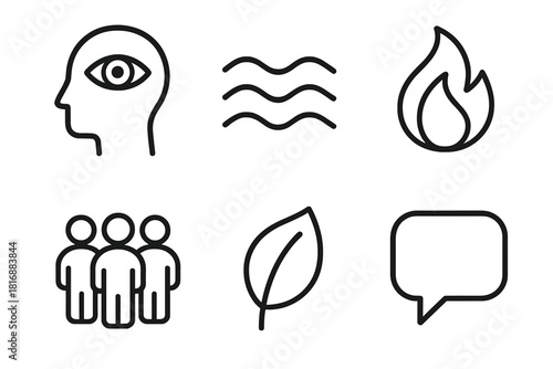 Emotional Intelligence Icons. EI Skills Set linear icon set: self-awareness icon, self-regulation wave, motivation flame, social skills group, empathy leaf, communication bubble