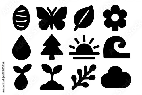 Nature Transformation Icons. Nature Transformation silhouette icon set: cocoon, butterfly, leaf, flower, droplet, tree, sunrise, wave, seed, sprout, branch, cloud