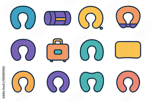 Travel Pillow Icons. Travel Pillow flat icon set: U-shaped neck pillow, compact roll pillow, inflatable curve, comfort strap icon, travel bag symbol, head support arc, portable