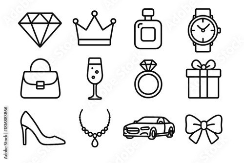Luxury Icon Collection. Exclusive Elegance linear icon set. diamond, crown, perfume, watch, handbag, champagne glass, ring, gift box, shoe, necklace, car, bow