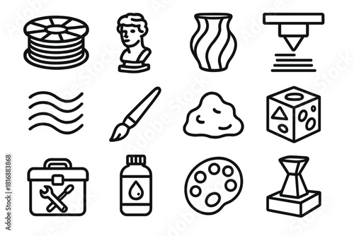 3D Printing Elements. Creative 3D Printing linear icon set. filament roll, mini sculpture, vase, printer head, layer pattern, paintbrush, modeling clay, artistic cube, toolkit