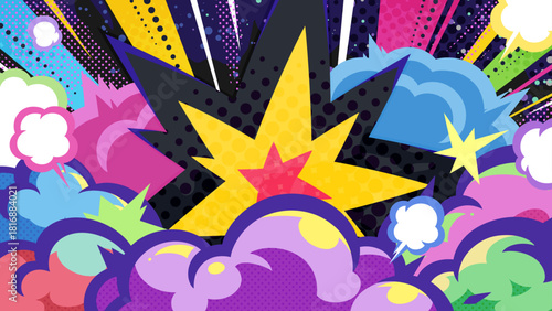 アメコミ風の衝撃の煙と光の背景イラスト_カラフル_16:9