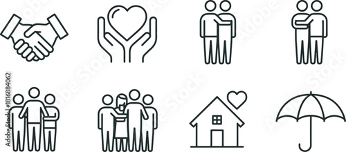 Outline icons illustrating essential concepts of human connection, support, charity, security, and community engagement. Vector