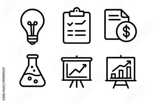 Research Funding Icons. Research funding linear icon set. light bulb, clipboard, document paper, dollar coin, lab flask, chart board.
