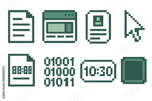 Pixel Art Icons. Digital Log pixel style icon set: data sheet, interface panel, system entry icon, cursor point, log file tile, digital timestamp, binary line, record square