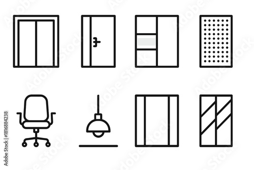 Office Partition Elements. Interior Glass Partitions linear icon set: framed divider, door handle, frosted stripe, soundproof panel, office chair, pendant light, floor base