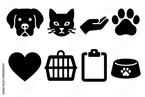 Pet Rescue Icons. Pet Rescue Set silhouette icon set. dog, cat, volunteer hand, paw print, heart, cage, clipboard, food bowl.