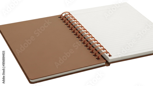 Open notebook with brown cover and wire binding, showcasing blank lined pages