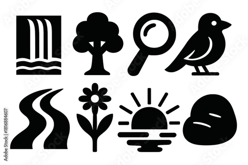 Brutalist Nature Icons. Nature Wanderlust silhouette icon set. waterfall, tree, lens, bird, path trail, wildflower, sunbeam, river rock