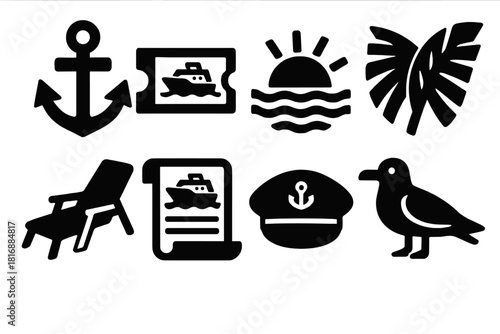 Cruise Icon Set. Cruise Vacations silhouette icon set. ship anchor, travel ticket, sunset over sea, palm leaves, deck lounge, cruise itinerary, captain hat, seagull