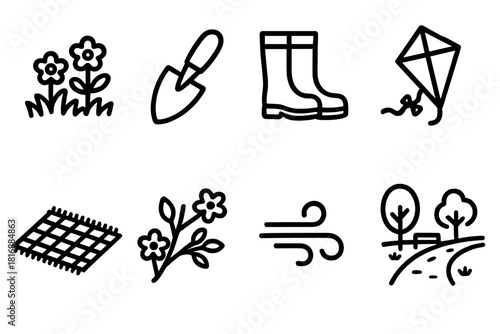 Spring Icons Collection. Spring Activities linear icon set: flower meadow, gardening trowel, rain boots, kite icon, picnic blanket, blossoming branch, soft breeze line, park path