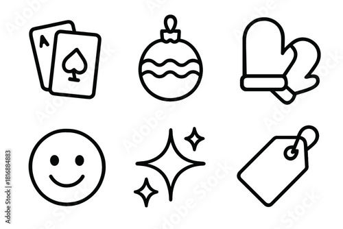 Seasonal Icon Set. Seasonal Fun linear icon set : playing cards, ornament ball, mitten pair, smiling face, sparkling star, gift tag