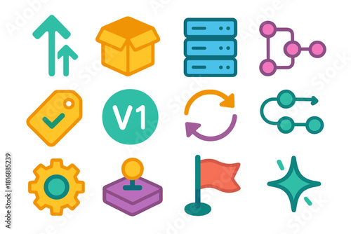 Software Deployment Icons. Software Deployment Processes flat icon set: deployment arrows, packaged build box, server stack, pipeline nodes, release tag, version badge, sync arrows