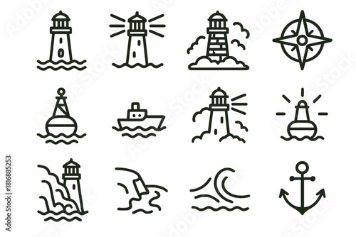 Nautical Icon Pack. Maritime Lighthouse Pack linear icon set: sturdy tower, rotating light, ocean swell, weathered stone, compass icon, buoy shape, distant ship, sea mist, beacon