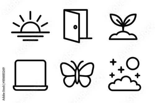 Symbolic New Beginnings. New Beginnings linear icon set: sunrise, open door, sprouting plant, clean slate, butterfly, bright sky