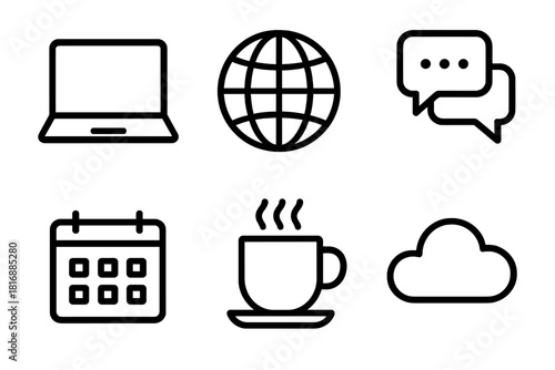 Remote Work Icons. Remote work culture linear icon set. laptop, globe, chat bubbles, calendar, coffee cup, cloud.