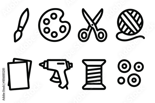 Art Supplies Icons. Creative Workshop Collection linear icon set. paintbrush, palette, scissors, yarn, glue gun, paper, spool, beads.