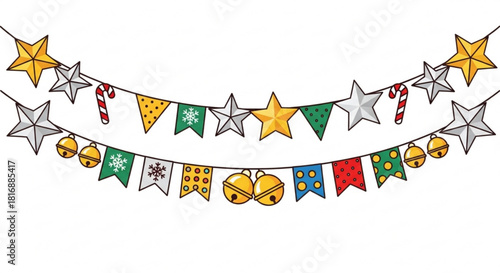 Festive Christmas Garland with Stars, Candy Canes, Bells, and Pennants for Holiday Celebrations, Perfect for Adding Joy to Your Designs