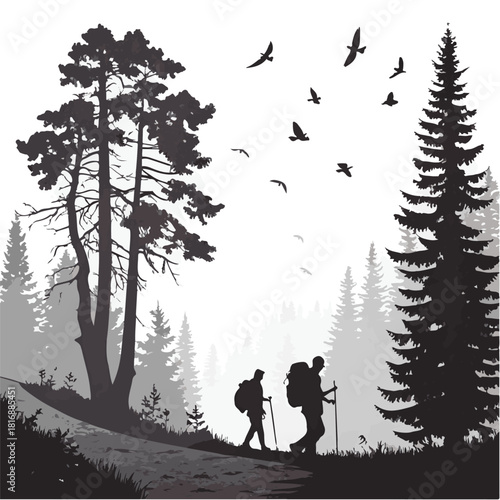Silhouette hikers with backpacks walking on a forest path with tall pine trees and birds flying overhead