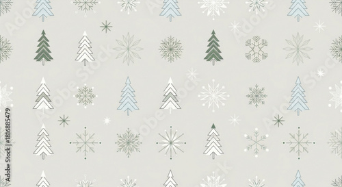 Delicate winter holiday pattern with trees and snowflakes, ideal for festive designs, gift wrap and cozy backgrounds, bringing a touch of winter magic