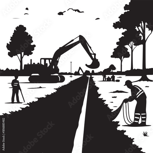 Silhouette illustration of road construction with an excavator, workers, and trees under a cloudy sky