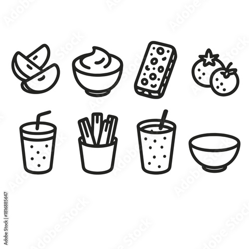 Outline Snack Icons. Healthy Snacking linear icon set. apple slices, nuts, yogurt, granola bar, berries, smoothie, carrot sticks, bowl