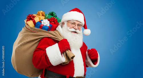 Jolly Santa Claus Carrying a Sack Full of Colorful Gifts Ready to Deliver Holiday Cheer and Warmth to Homes on Christmas Eve