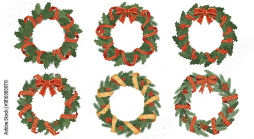 Festive Christmas wreaths adorned with ribbons and holly berries, perfect for holiday cards and seasonal decorations, adding a touch of classic cheer