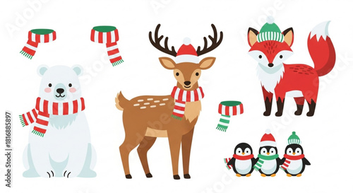 Festive winter animals celebrate the holidays with scarves and hats, perfect for adorable seasonal designs and cheerful greeting cards for everyone