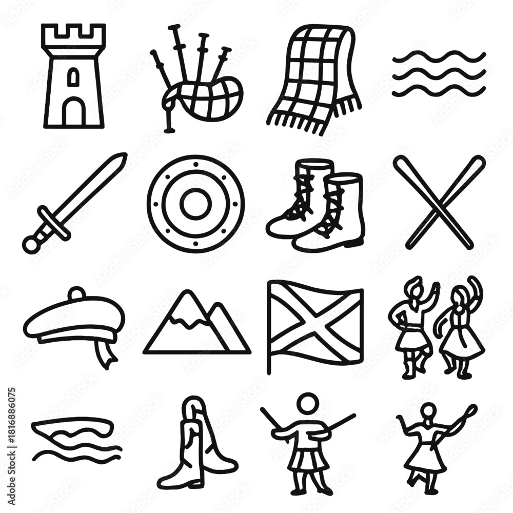 Fototapeta premium Scottish Festival Icons. Scottish Heritage Festival linear icon set: castle tower, bagpipe, tartan scarf, loch waves, sword, round shield, traditional boots, drumsticks, bonnie hat