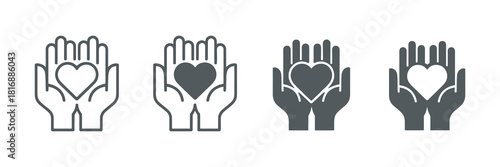 Hand holding heart vector icons set on white background. donation, care, love, charity, give symbol illustrations. Vector