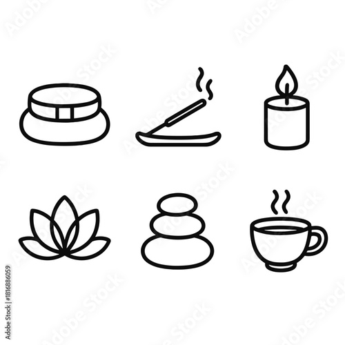 Mindful Icons Collection. Mindful Living linear icon set. meditation cushion, incense stick, candle, lotus flower, pebble stack, tea cup