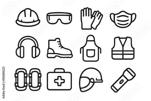 Workshop Safety Icons. Workshop Safety Equipment linear icon set: hard hat, safety glasses, gloves, mask, ear protection, steel boots, apron, vest, knee pads, first aid kit, helmet