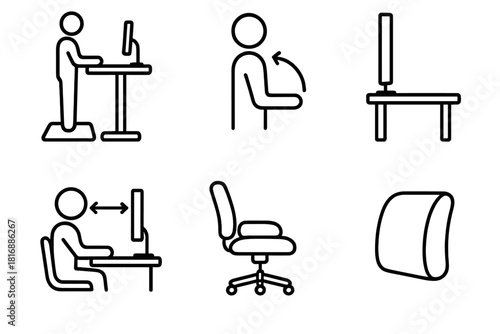 Ergonomic Workspace Icons. Digital Workspace Ergonomics linear icon set: standing desk icon, cushioned mat, elbow angle guide, vertical monitor, breathing space zone, supportive