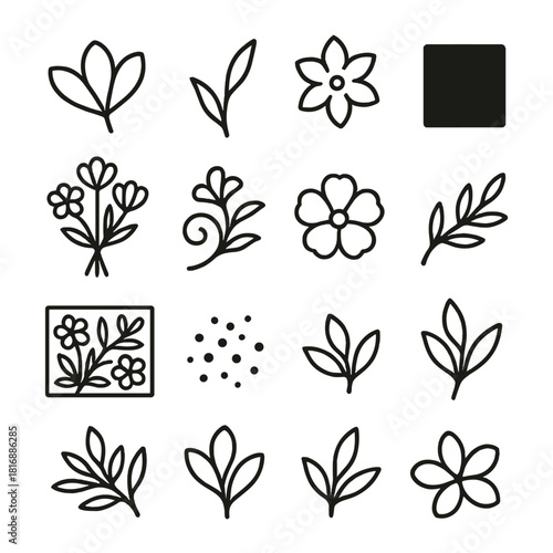 Floral Design Icon Set. Floral Design Concepts Elements Set linear icon set: petal cluster, stem curve, leaf accent, blossom ring, color swatch, bouquet outline, floral swirl, soft